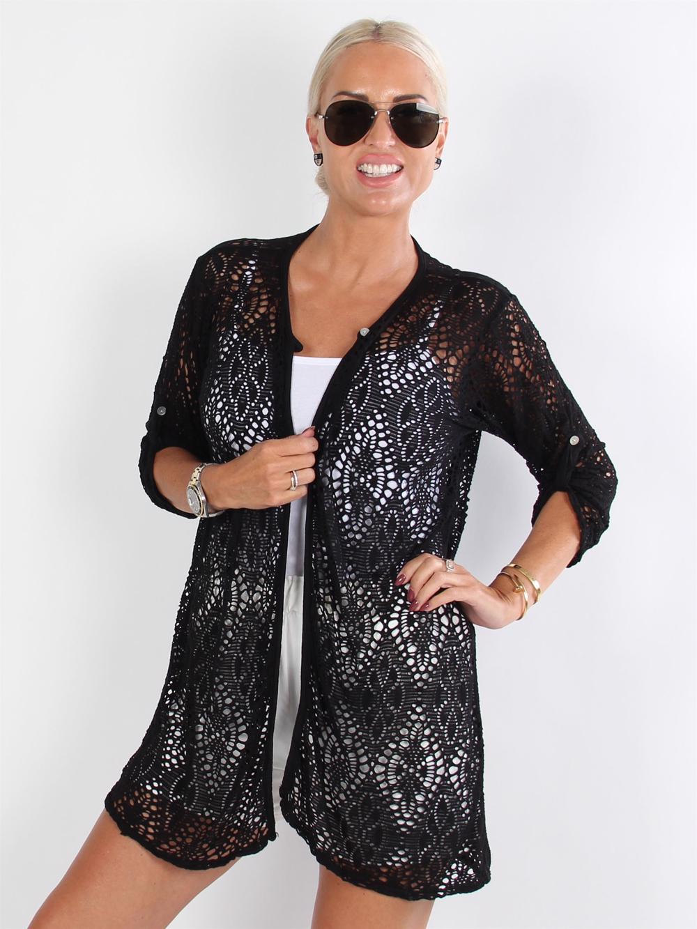 Long Madelyn - Armygrøn cardigan i hæklet look